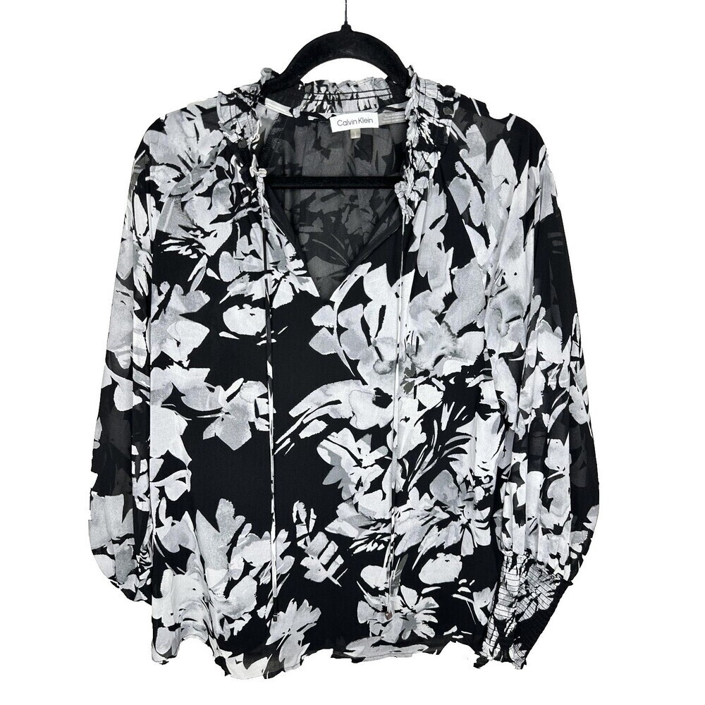 Calvin Klein Blouse Large Womens Sheer Ruffle Neck Long Sleeve Tie Black Floral